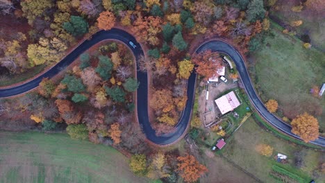 Top-Down-Aerial-View-of-Car-on-Curvy-Countryside-Road-With-Autumn-Foliage-Colors-in-Rural-Czech-Republic