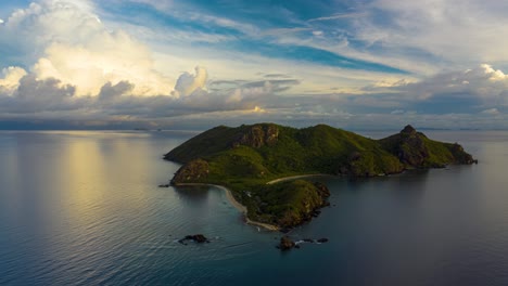 Passing-of-time-at-a-tropical-island-during-sunset-in-Fiji,-aerial-hyperlapse-4K