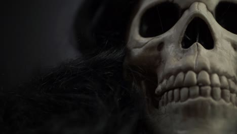Creepy-skull-with-black-hair-close-up-panning-shot