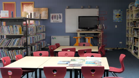 Empty-Elementary-School-Library-Due-To-Coronavirus,-PAN-LEFT