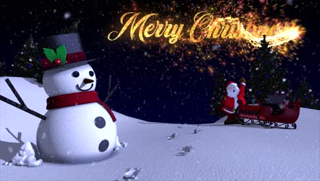 A-charming-and-beautifully-rendered-3D-winter-scene-with-snowman,-christmas-trees-and-Santa-and-his-sleigh,-with-the-message-'Merry-Christmas