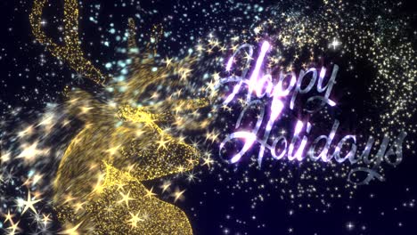 Christmas-motion-graphics-with-a-golden-Reindeer-in-a-shower-of-glittering-particles-and-the-message-�Happy-Holidays�,-in-glowing-text