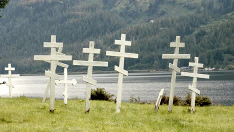 Crosses-at-Russian-Orthodox-Graveyard-Near-Cordova,-Alaska-USA