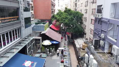 Street-market-with-no-people-during-Hong-Kong-Covid-19-pandemic,-Aerial-view