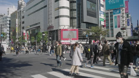 Menschenmassen-In-Der-Berühmten-Shibuya-Kreuzungsstadt-In-Tokio,-Japan,-Mit-Hochhäusern-Im-Hintergrund-Während-Einer-Pandemie