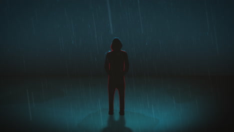 Regen-Prasselt-Auf-Eine-Vermummte-Person,-Die-In-Einer-Pfütze-Steht-–-Digitale-Animationsschleife