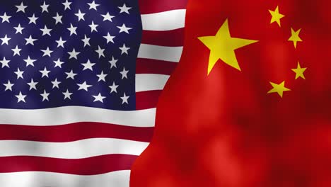 US-amerikanische-Und-Chinesische-Flaggen-Wehen-Im-Wind