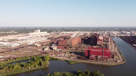 Industrial-Plants-Operating-At-Daytime---Ford-And-AK-Steel-Caster-At-Rouge-River,-Detroit---aerial-drone