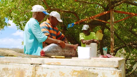 Lokale-Fischer-Reinigen-Einen-Frisch-Gefangenen-Großen-Schwertfisch-Mit-Einem-Shrrf-Messer-In-Willemstad,-Curacao
