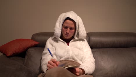 Woman-dressed-in-rabbit-pajamas-writing-in-agenda-with-mobile-on-the-sofa