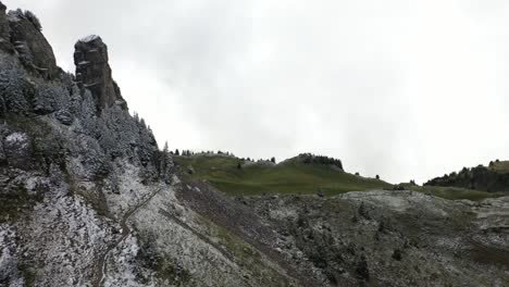 Pico-Dramático-Y-Majestuoso-Con-árboles-Cubiertos-De-Nieve,-Desvaneciéndose-Gradualmente-En-Campos-Verdes-En-La-Naturaleza-Tranquila,-Vacía-Y-Serena-De-Schynige-Platte,-Suiza