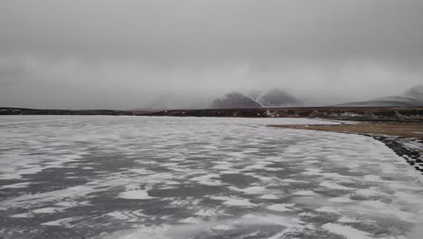 Toma-Aérea-De-Un-Lago-Congelado-Durante-El-Frío-Invierno-En-Las-Tierras-Altas-De-Islandia