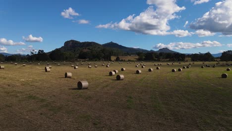 A-slow-moving-drone-video-flying-above-bales-of-hay-freshly-rolled-with-a-mountain-range-in-the-foreground