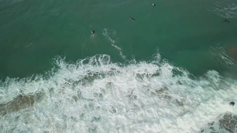Bird's-Eye-View-Of-A-Surfer-Riding-On-A-Perfect-Wave-At-The-Towan-Beach-In-Newquay,-Cornwall,-UK---aerial