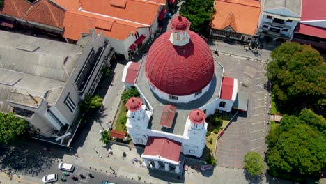 Blenduk-Church-in-Semarang-oldest-church-in-Central-Java,-Indonesia,-aerial-view