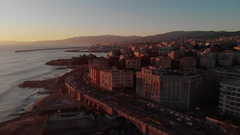 Aerial-footage-of-Genova:-Italian-city-by-the-sea,-seen-from-Corso-Italia-by-the-drone