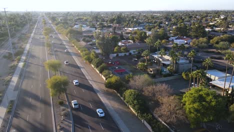 Traffic-on-Streets-of-Southwest-American-City-of-Scottsdale,-Arizona---Aerial