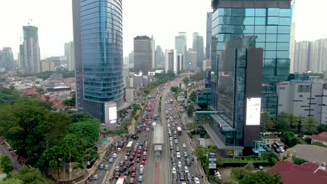 Traffic-jam-during-rush-hours-in-Jakarta,-Indonesia,-aerial-panorama