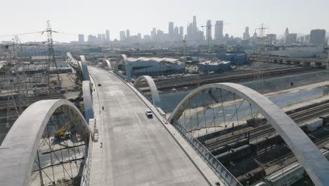 Aerial-Drone-Shot-of-Sixth-Street-Viaduct-in-Los-Angeles,-New-Reconstruction-of-LA-Bridge