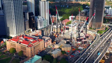 Buildings-Under-Construction-In-Brisbane-CBD,-Queensland,-Australia---aerial-drone-shot