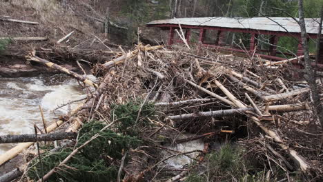 árboles-Y-Escombros-Apilados-Contra-El-Puente-Histórico-Debido-A-Las-Fuertes-Inundaciones-De-Primavera