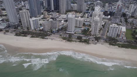 Aerial-View-Of-Beachfront-Apartments-And-Coastal-Road-At-Surfers-Paradise-In-Gold-Coast,-Southeast-QLD,-Australia