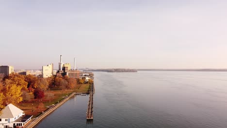 Shut-Down-Power-Plant-Along-Detroit-River-During-Autumn-At-Sunrise-Near-Wyandotte,-Michigan,-USA