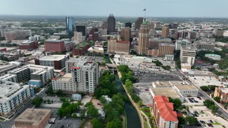 Downtown-San-Antonio-skyline.-Descending-aerial-with-Riverwalk
