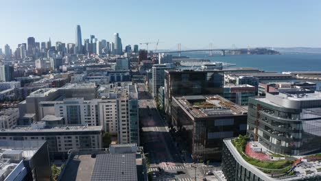 Aerial-shot-flying-over-Mission-Bay-and-3rd-Street-towards-downtown-San-Francisco
