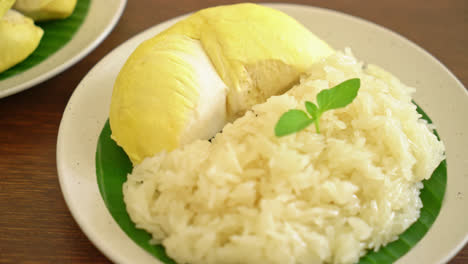 Durian-with-sticky-rice---sweet-durian-peel-with-yellow-bean,-Ripe-durian-rice-cooked-with-coconut-milk---Asian-Thai-dessert-summer-tropical-fruit-food