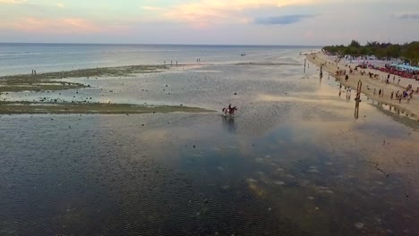 Zeitlupenreiter-Reitet-Während-Der-Ebbe-Auf-Einem-Pferd-Am-Strand.-Wunderschöne-Flugstrecke-Aus-Der-Luft-Von-Oben.-Drohnenaufnahmen-Am-Gili-T-Strand-Auf-Bali,-Indonesien,-Bei-Sonnenuntergang-Im-Sommer-2017