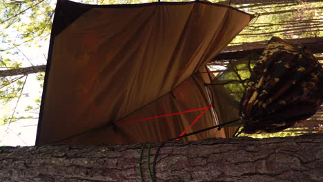 Vertical-clip-revealing-military-style-hammock-hung-between-trees-with-a-tarpaulin-as-roof