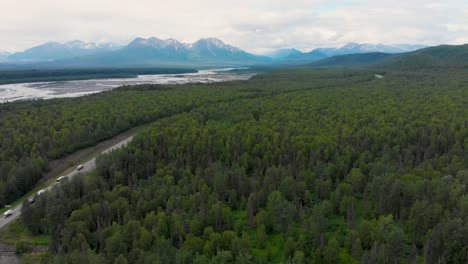 4K-Drone-Video-of-Chulitna-River,-Troublesome-Creek-and-Anchorage-to-Fairbanks-Highway-near-Denali-State-Park-in-Alaska