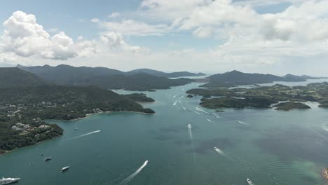Boat-Traffic-in-UNESCO-Global-Geopark-in-Sai-Kung,-Aerial-Drone-View