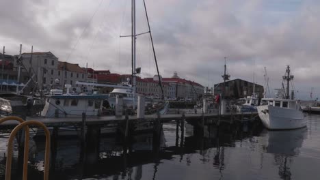 Boats-line-dock-infront-of-historic-Hunter-Street-Henry-Jones-IXL-and-Mac-1,-water-slowly-rolls-with-white-yacht-and-fish-trawler-and-sandstone-architectural-buildings-Hobart,-Tasmania,-Australia