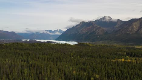 Aerial-flyover-at-Portage-valley-over-spruce-forests-towards-mountains-and-snowcapped-Portage-Glacier-land-in-summer