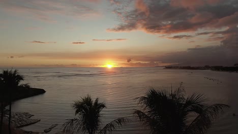 Aerial-view-of-sunset-between-palm-trees-at-Magic-Island-in-Oahu