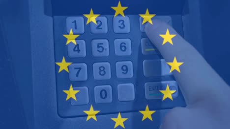 EU-Bank-Konzeptanimation-Mit-Geldautomat-Und-Rollender-Flaggenanimation