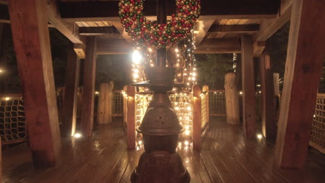 Furnace-in-cabin-decorated-with-warm-Christmas-lights