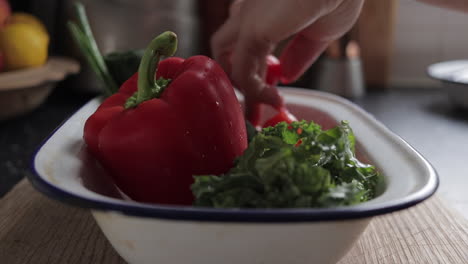 Woman-placing-tomatoes-into-enamel-baking-dish-with-red-pepper-and-kale-on-wooden-chopping-board
