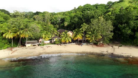 Dies-Sind-Drohnenaufnahmen-Vom-Strand-Von-Arnos-Vale-Mit-Bäumen-Und-Häusern-Im-Hintergrund-Auf-Der-Karibikinsel-Tobao