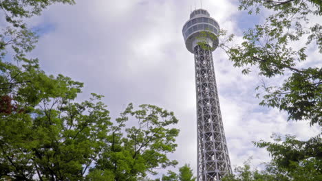 Dolly-out-shot-of-Marine-Tower-in-Jokohama,-Japan