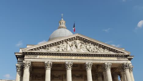 French-Pantheon-front-façade-with-bright-blue-sky,-still-zoom-out