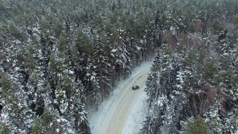 Tracking-aerial-view-of-a-car-driving-and-handbrake-drifting-in-snowy-fir-tree-forest-road