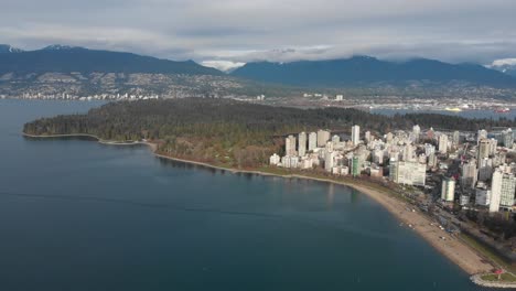 Various-drone-shots-at-English-Bay-near-downtown-Vancouver,-BC-during-Polar-Bear-2019-event