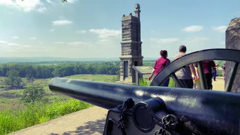 Tourists-pass-by-Civil-War-era-cannons,-Little-Round-Top-panorama-of-battlefield