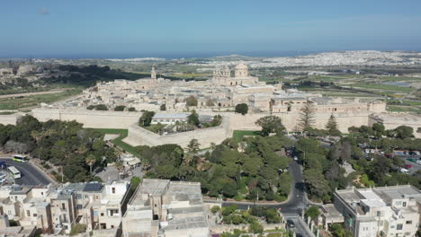 Drone-Aerial-Shot-of-Rabat-and-the-Fortified-City-of-Mdina,-Malta