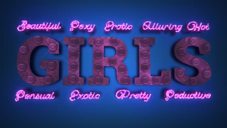 Realistic-3D-render-of-a-vivid-and-vibrant-animated-flashing-led-sign-for-an-adult-club-depicting-the-words-Girls,-with-a-brick-wall-background