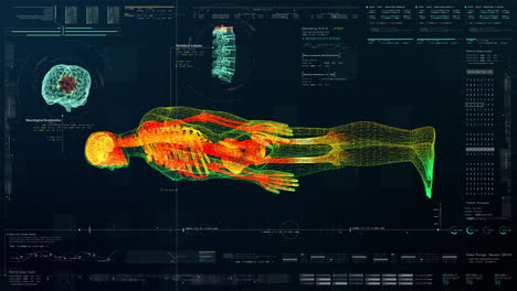 Pantalla-Frontal-Futurista-Elemento-De-Movimiento-Escaneo-Holográfico-Biomédico-Virtual-Del-Cuerpo-Humano-Examen-Neurológico,-Esqueleto-Axial,-Columna-Vertebral,-Adn-Y-Diagnóstico-Cardíaco-Para-Visualización-De-Fondo