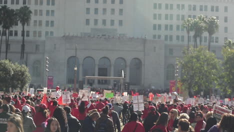 Scan-of-Large,-Full-Crowd-at-LAUSD-Teacher's-Strike,-Final-Day,-Slow-Motion